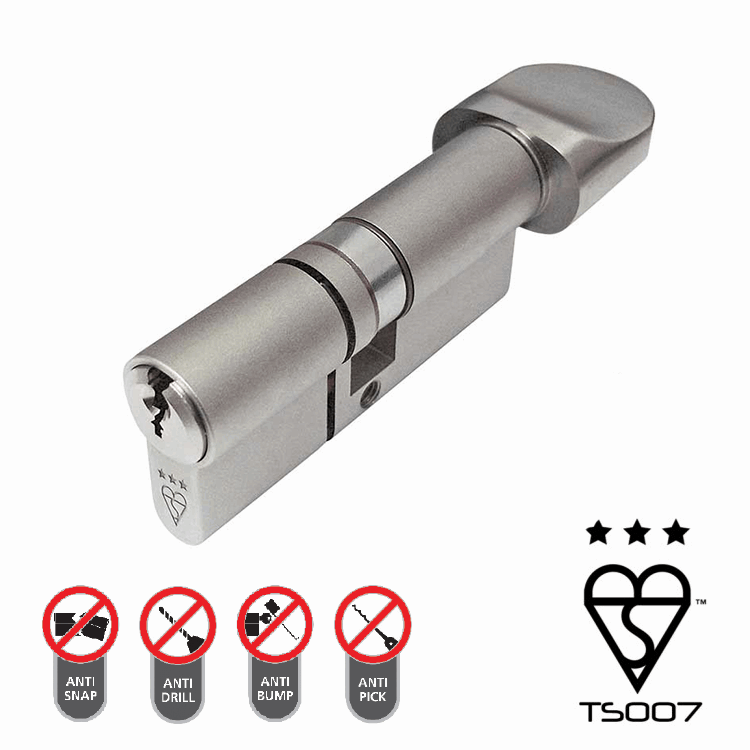 ESLA Technik Pro 3-Star Euro Single & Turn 70mm (EXT35/35T) Cylinder - Satin Brass