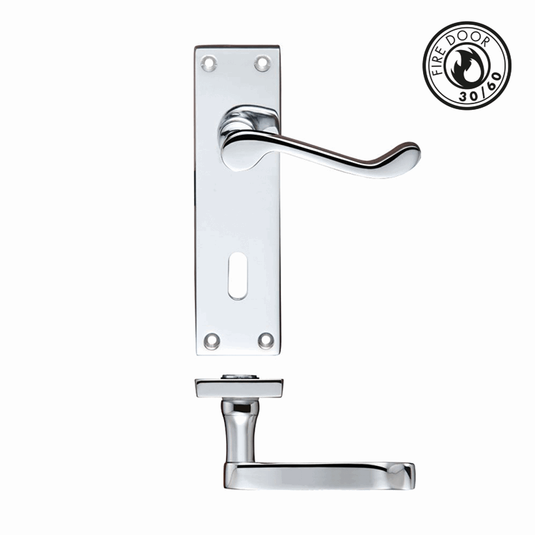 Victorian Scroll Lever Handle on Lock Backplate - Polished Chrome